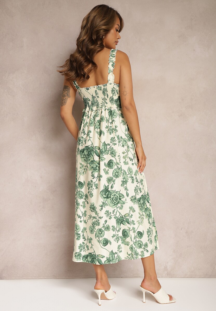 Biało-Zielona Sukienka z Bawełny na Ramiączkach z Gumką w Pasie i Ozdobnym Rozcięciem na Nogę Dimrrou