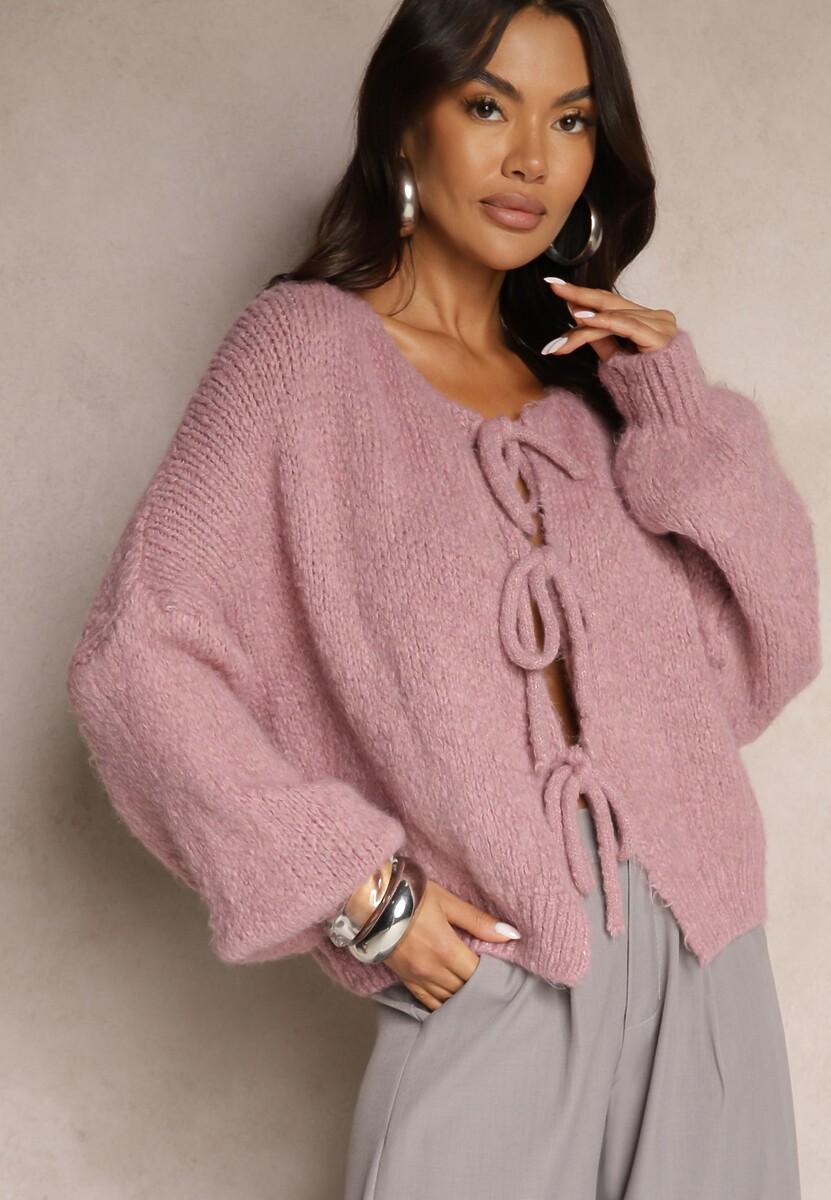 Jasnobrązowy Kardigan z Wełną o Kroju Oversize z Wiązanymi Kokardami Elearina