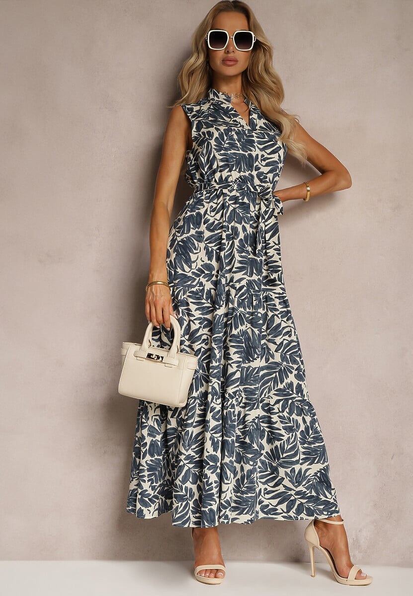 Granatowa Sukienka Maxi z Wiskozy o Rozkloszowanym Kroju Ozdobiona Falbanką i Paskiem Ninaste