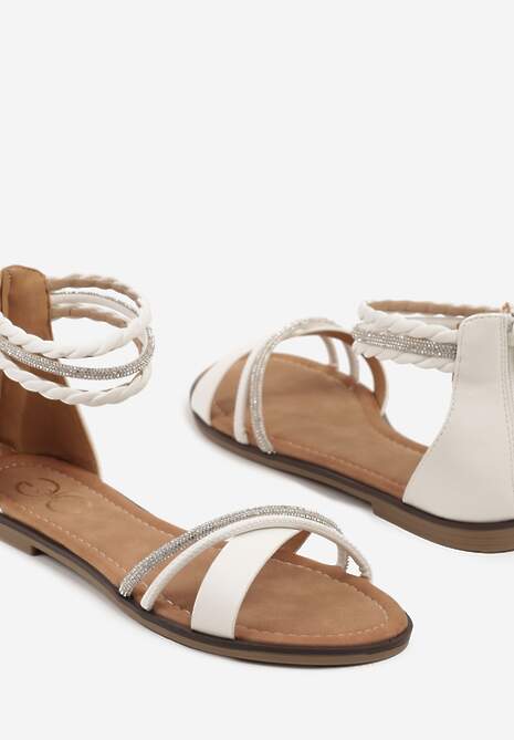 Białe Sandały Ozdobione Plecionymi i Cyrkoniowymi Paskami Irrielle