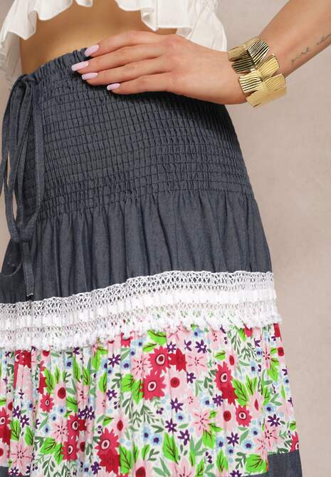 Granatowo-Biała Bawełniana Spódnica High Waist z Gumką w Talii i Ozdobną Koronką Tesaquin