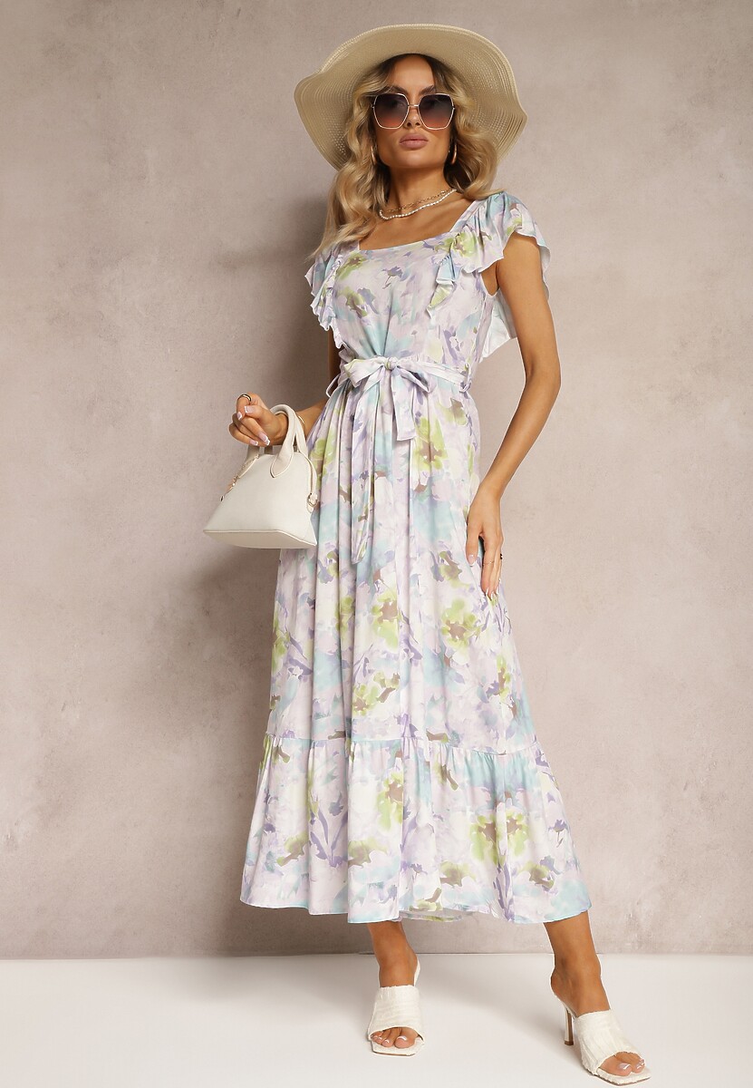 Jasnofioletowa Kwiecista Sukienka z Wiskozy z Falbanką na Ramiączkach z Materiałowym Paskiem Nuclemia