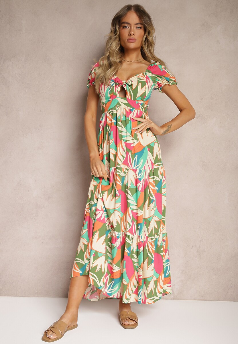 Zielona Rozkloszowana Kwiatowa Sukienka z Wiskozy Ozdobiona Falbanką i Wiązaniem Mevanya