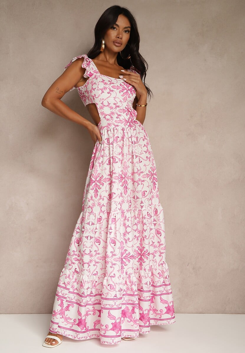 Fuksjowa Sukienka Ozdobiona Wycięciem i Ornamentnym Wzorem Halistea