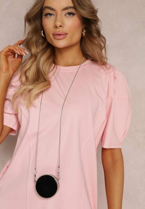 Różowa Pudełkowa Sukienka Mini z Saszetką Dalana