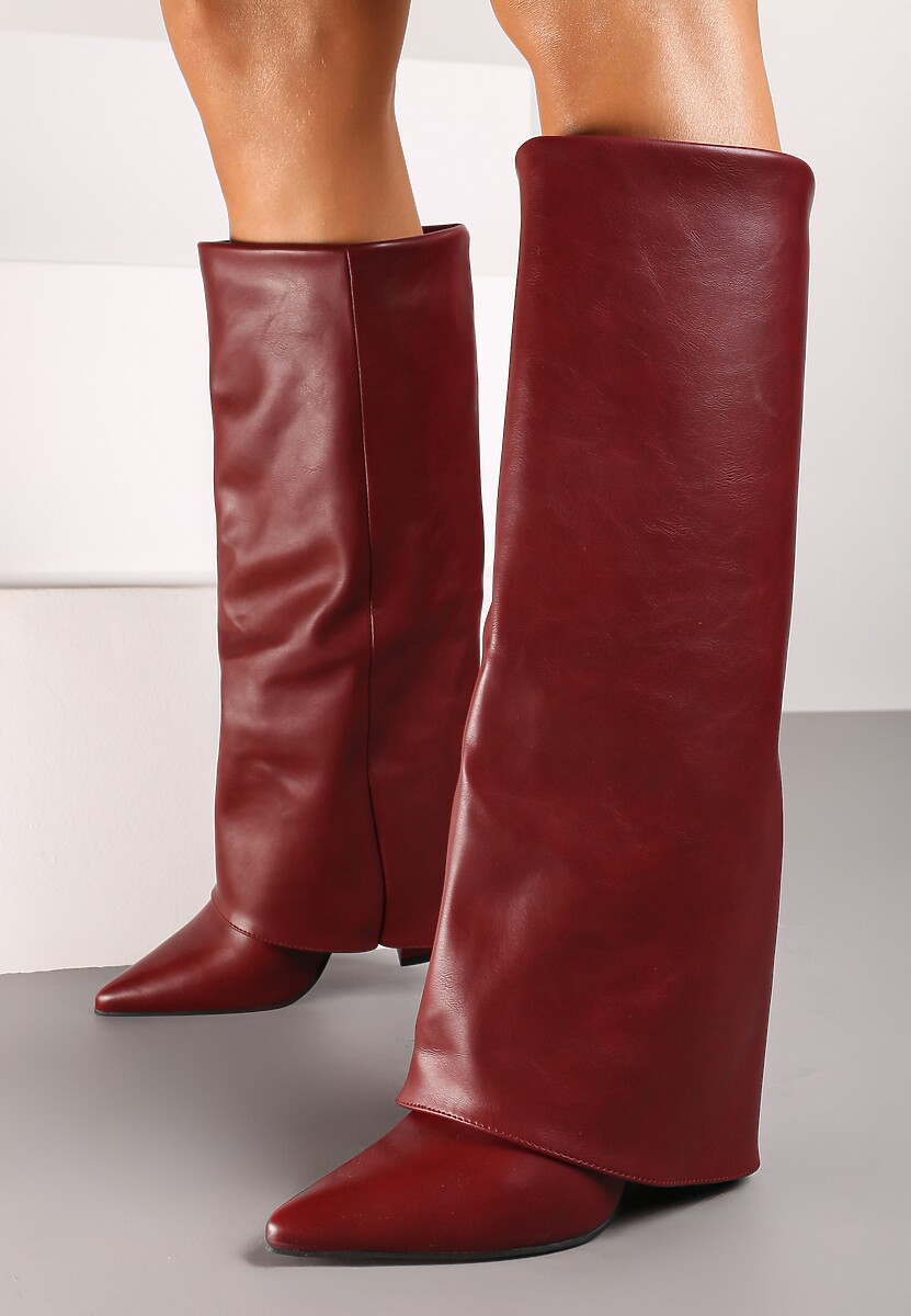 Bordowe Kozaki na Słupku Ozdobione Wywiniętą Cholewką Heslia