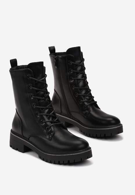 Czarne Botki Workery Ocieplone z Dodatkowym Sznurowaniem Nomineva