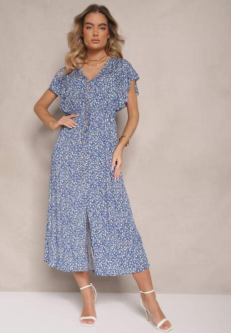 Niebieska Rozkloszowana Sukienka z Bawełny z Gumką w Pasie w Drobne Kwiaty Pulinea