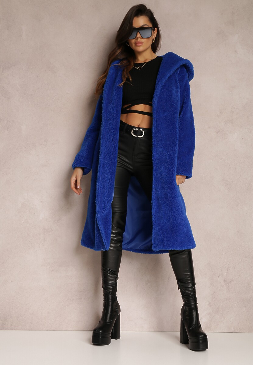 Granatowy Futrzany Płaszcz Wiązany w Pasie Vimegi