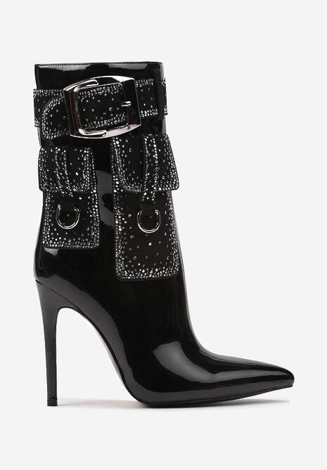 Czarne Botki Bikery na Szpilce Ozdobione Cyrkoniami i Imitacją Kieszeni Anseella
