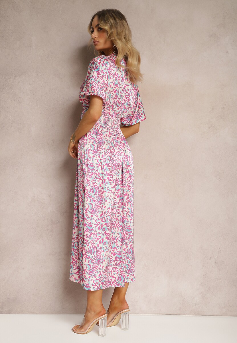 Fioletowa Sukienka o Rozkloszowanym Kroju z Ozdobnym Pasem w Talii Dovbia