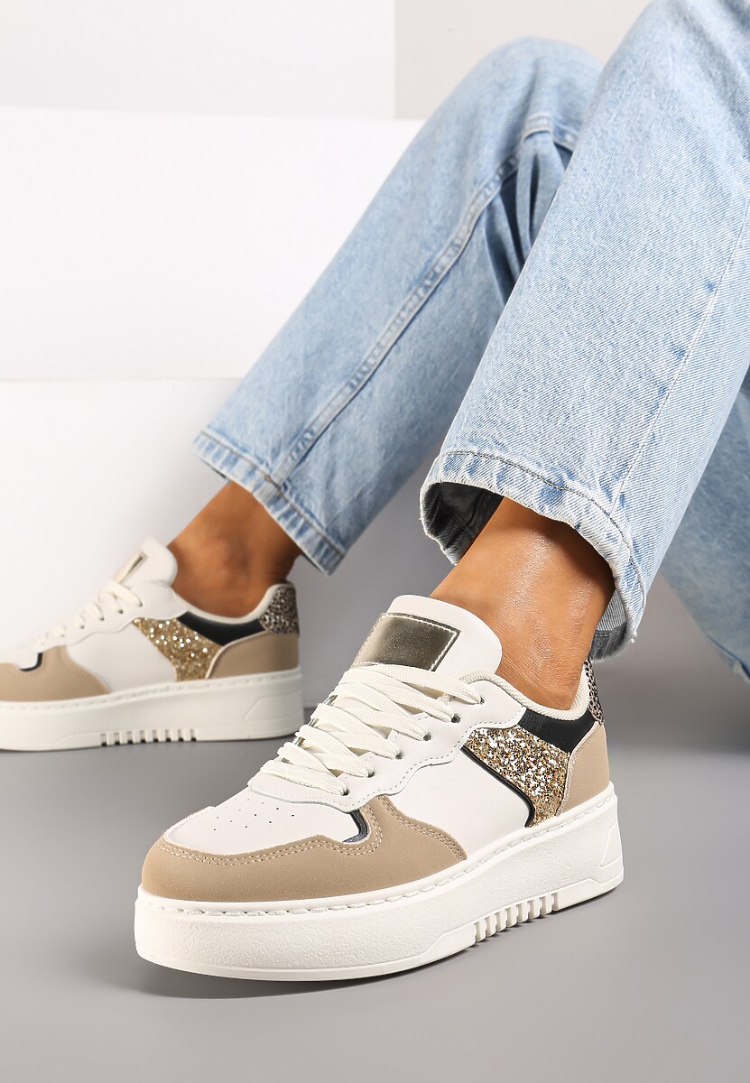 Ciemnobeżowe Sneakersy na Platformie Ozdobione Metalicznymi Elementami Miaraena