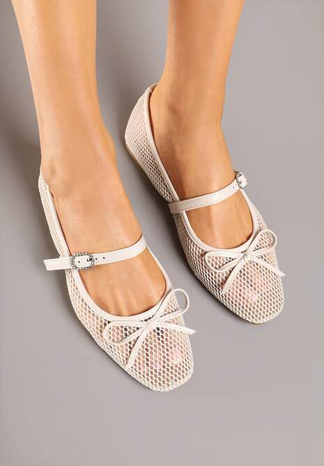 Beżowe Siateczkowe Balerinki Vices z Paskiem z Klamrą i Ozdobną Kokardką Niladiela