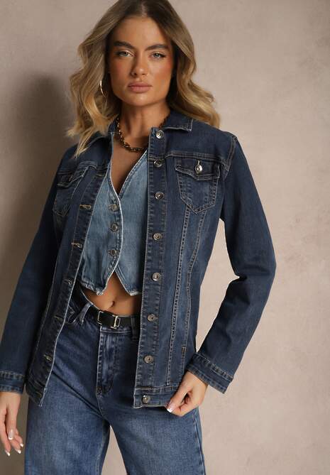 Granatowa Bawełniana Kurtka Jeansowa Rozpinana Okrea