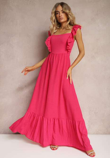 Fuksjowa Sukienka z Wiązaniem na Plecach na Ramiączkach z Falbankami i Gumką w Pasie Rollas