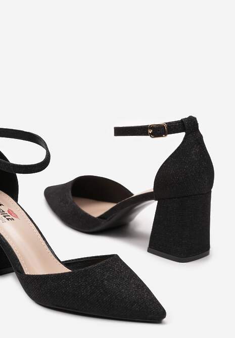 Czarne Czółenka Brokatowe z Zapięciem wokół Kostki na Słupku Reicha