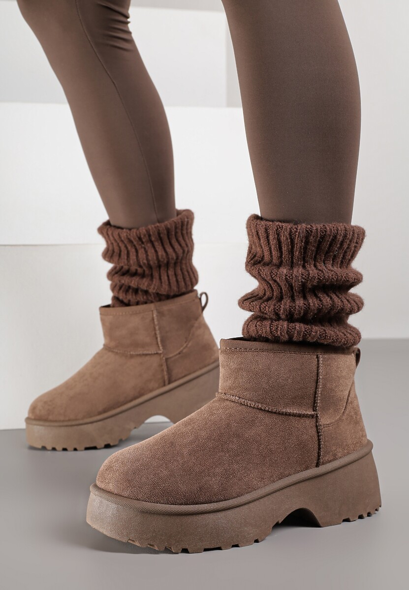 Brązowe Śniegowce z Imitacji Zamszu o Wsuwanym Fasonie na Platformie Reilessa