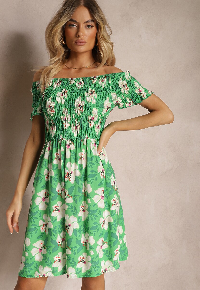 Zielona Rozkloszowana Sukienka Hiszpanka z Gumką w Talii w Kwiaty Nametris