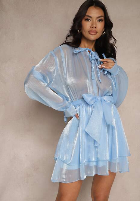 Niebieska Rozkloszowana Sukienka z Paskiem i Wiązaniem Savare