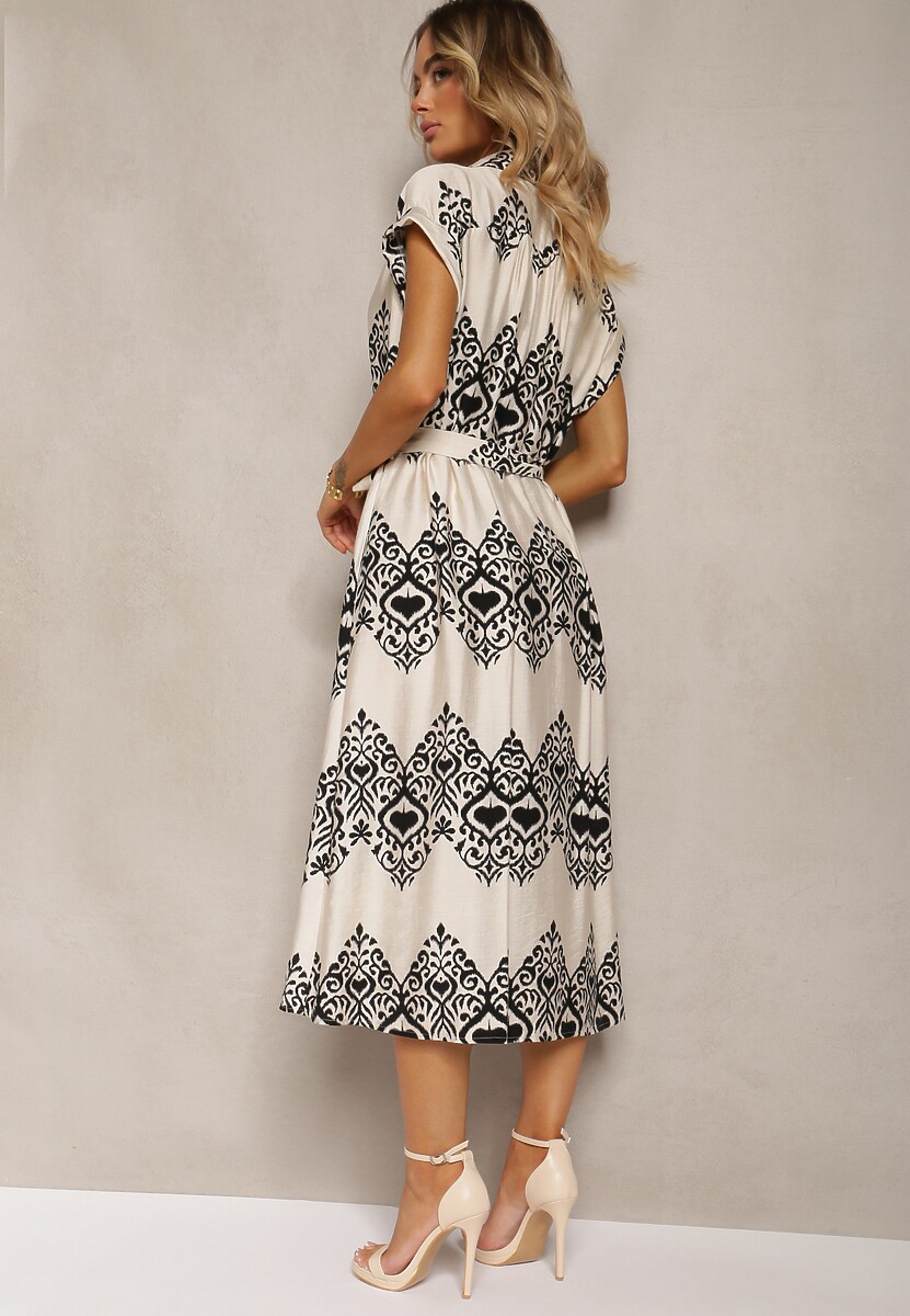 Beżowo-Czarna Sukienka Boho na Guziki z Wiskozą Ozdobiona Paskiem Mosofia