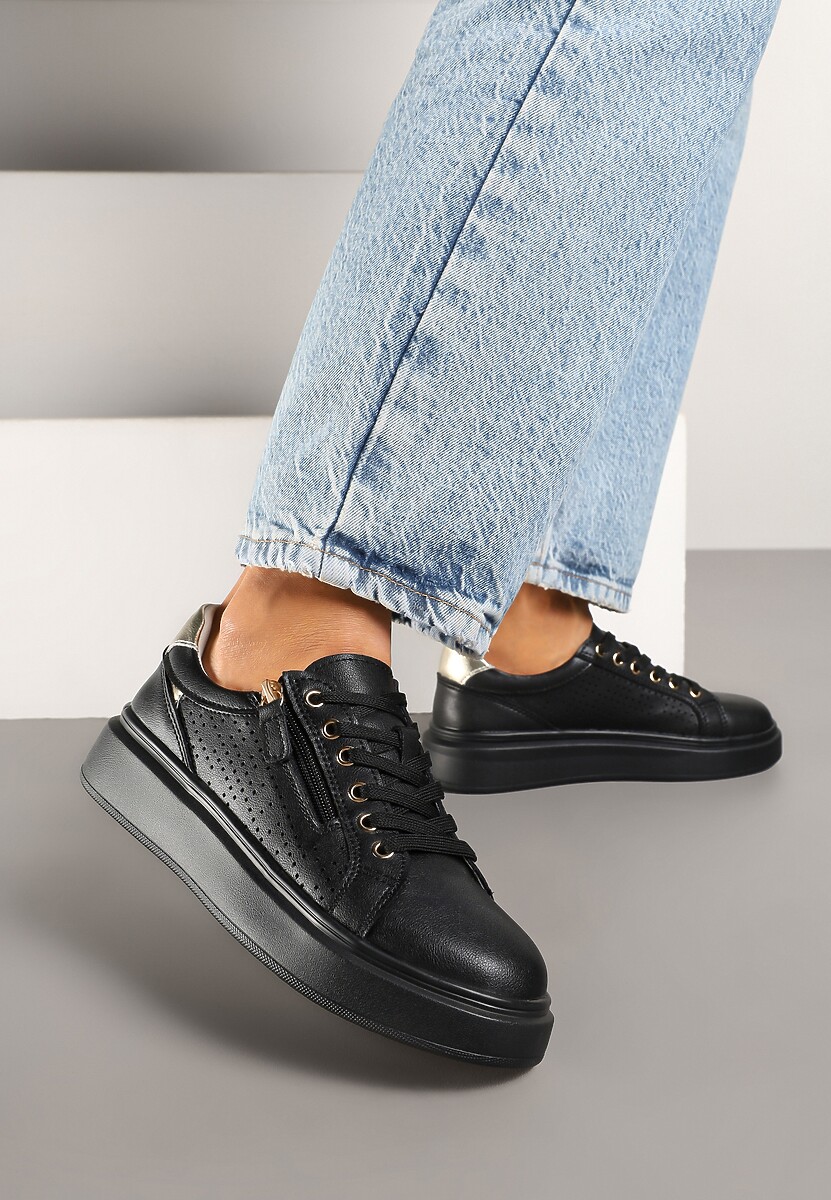 Czarne Sneakersy ze Skóry Naturalnej ze Skórzaną Wkładką i Perforacją Falothra