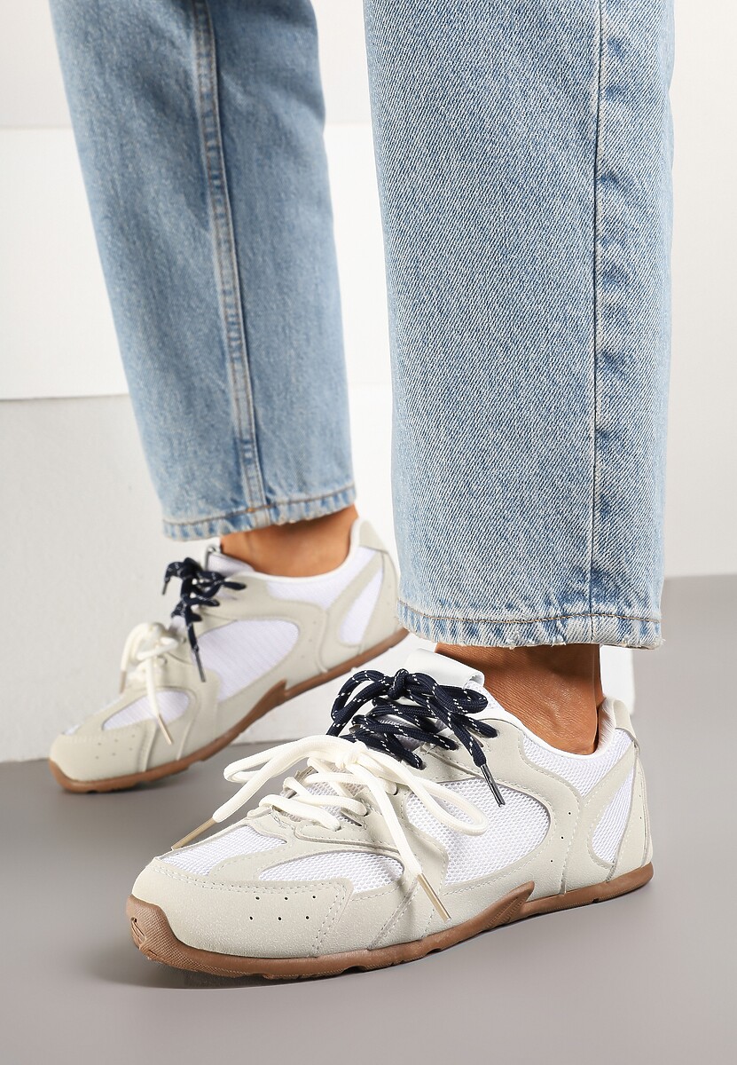 Beżowo-Szare Sneakersy z Kontrastującymi Sznurówkami i Przeszyciami Nanlita