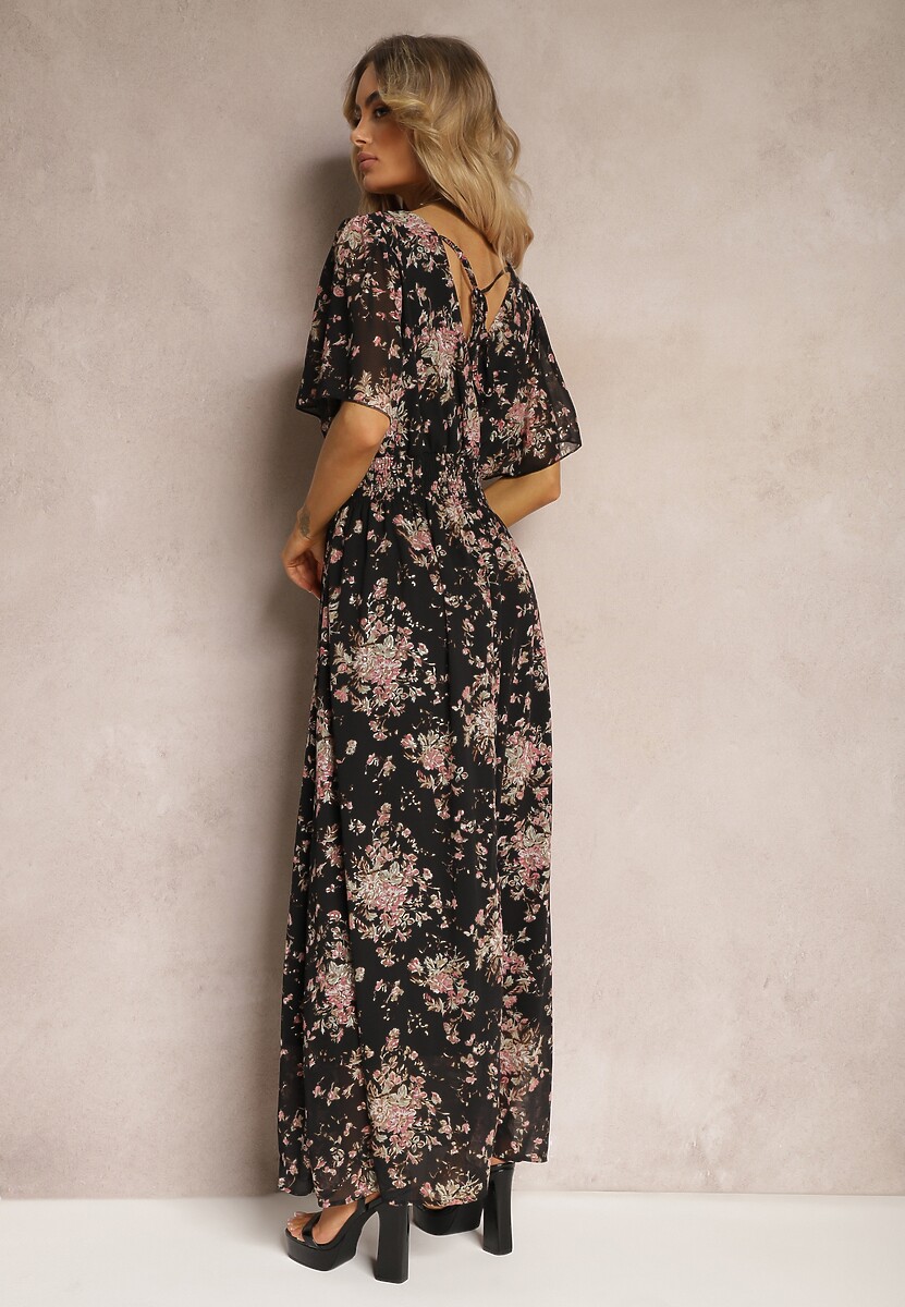 Czarno-Różowa Sukienka Kopertowa z Krótkim Rękawem Wiązana z Tyłu z Gumką w Talii Cristola