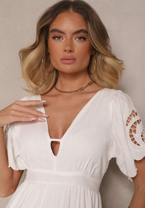 Biała Rozkloszowana Sukienka z Lnu i Wiskozy Zdobiona Wiązaniem i Haftem Avelzeri