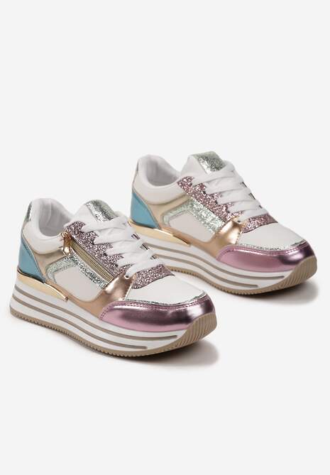 Biało-Różowe Sneakersy z Metalicznymi Wstawkami i Brokatem na Grubej Podeszwie Anova