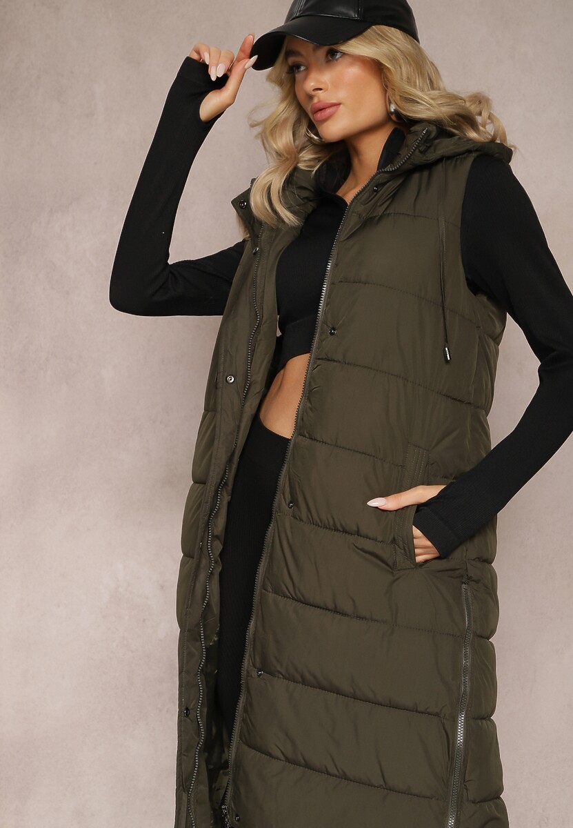 Granatowa Pikowana Kamizelka Bezrękawnik o Przedłużonym Fasonie z Kapturem Tawari