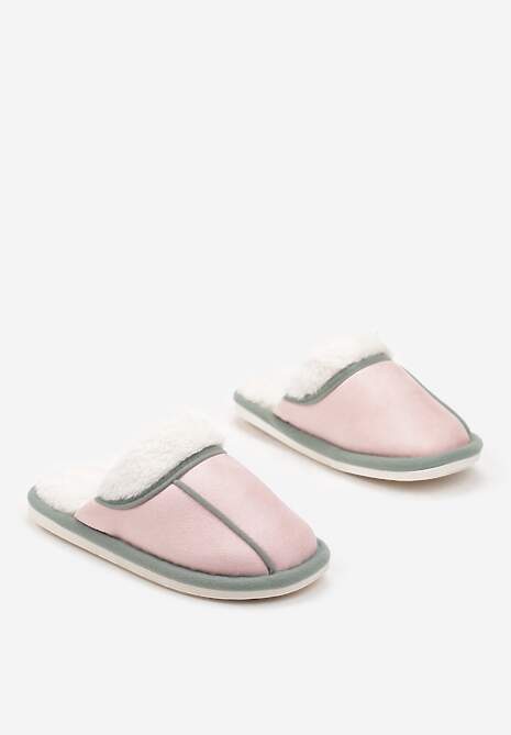 Różowe Wsuwane Kapcie z Przeszyciami Wyścielone Futerkiem Dyranthia