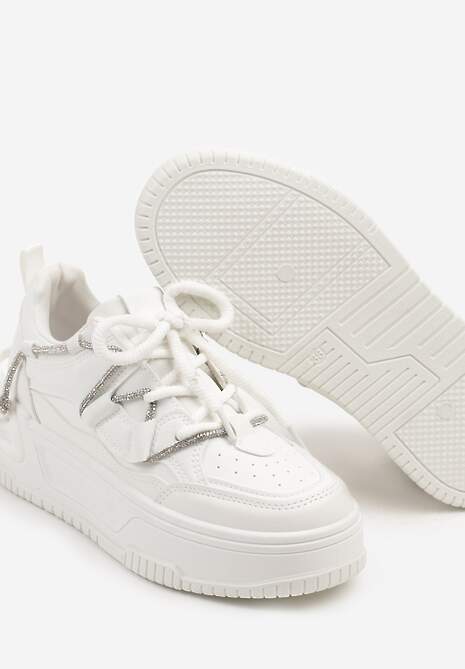 Białe Sneakersy na Platformie z Paskiem z Cyrkonii Aneolin
