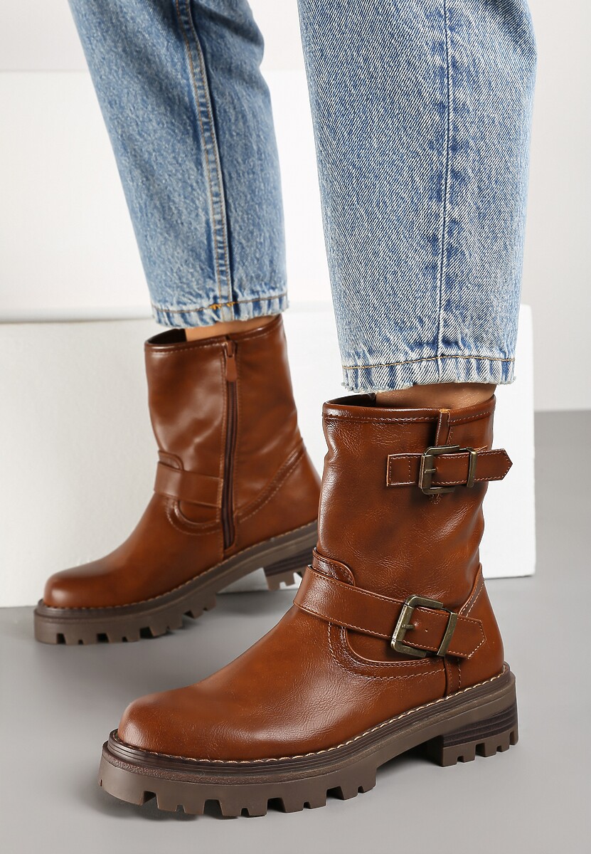 Jasnobrązowe Botki w Stylu Bikerów na Platformie z Tłoczeniem z Metalicznymi Klamrami Ravandrea