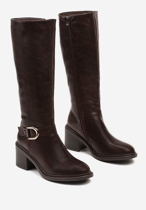 Brązowe Kozaki na Słupku z Ozdobną Klamrą i Paskiem Miavirae