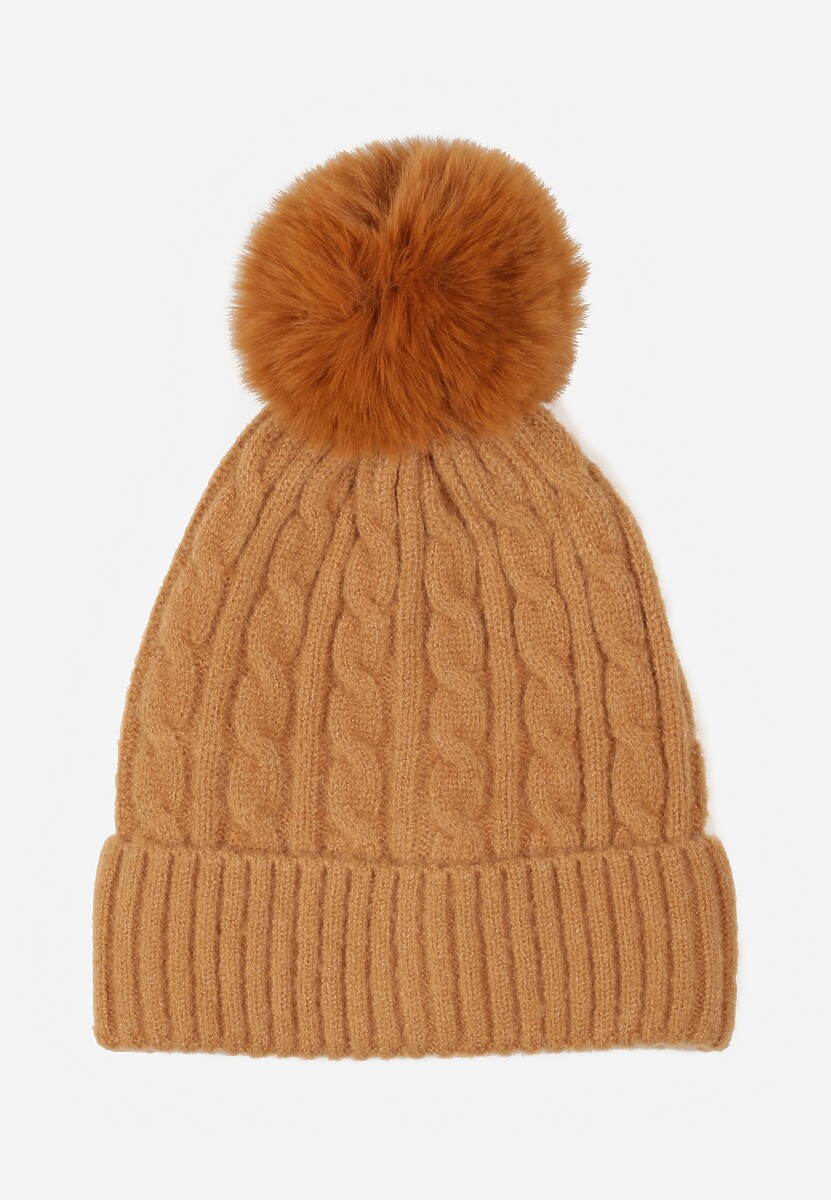 Beżowa Czapka z Pomponem Zdobiona Warkoczowym Splotem Vetizare