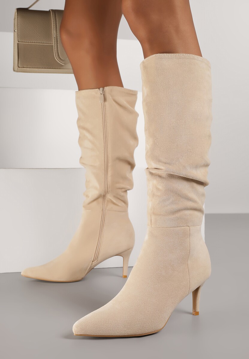 Beżowe Marszczone Kozaki z Imitacji Zamszu na Obcasie Typu Szpilka Rilavira