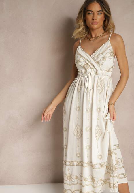 Biała Wiskozowa Sukienka o Rozkloszowanym Kroju na Ramiączkach z Haftem Uloranelia