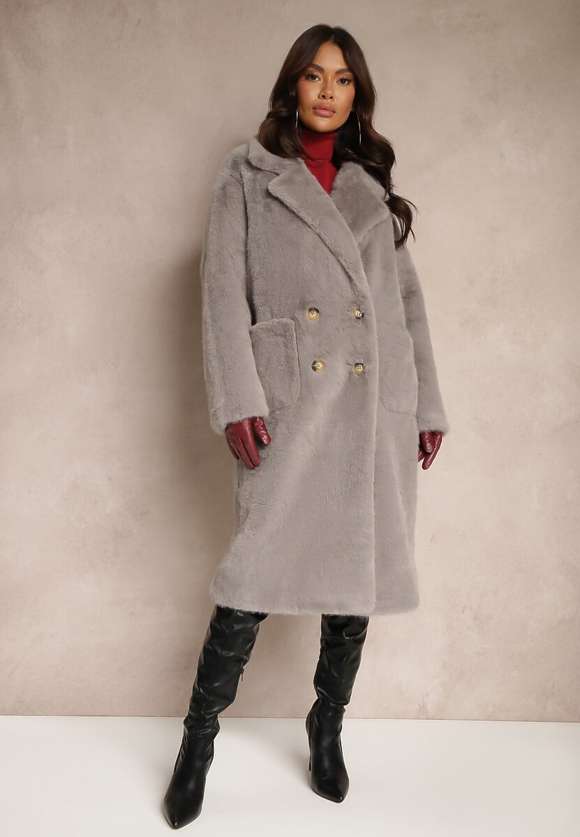 Szary Dwurzędowy Futrzany Płaszcz o Długim Kroju w Stylu Teddy Lilanieth