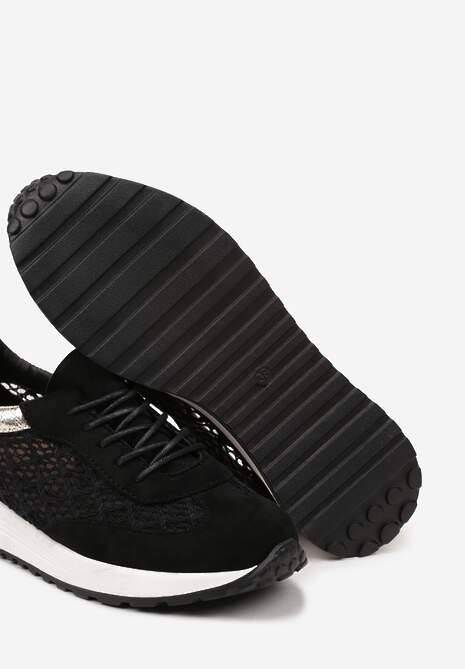 Czarne Ażurowe Sneakersy na Podeszwie z Metaliczną Wstawką Neomira