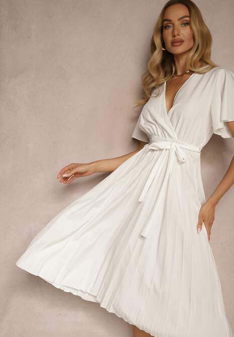 Biała Sukienka Wiązana w Talii z Plisowaniem na Dole Dorseki