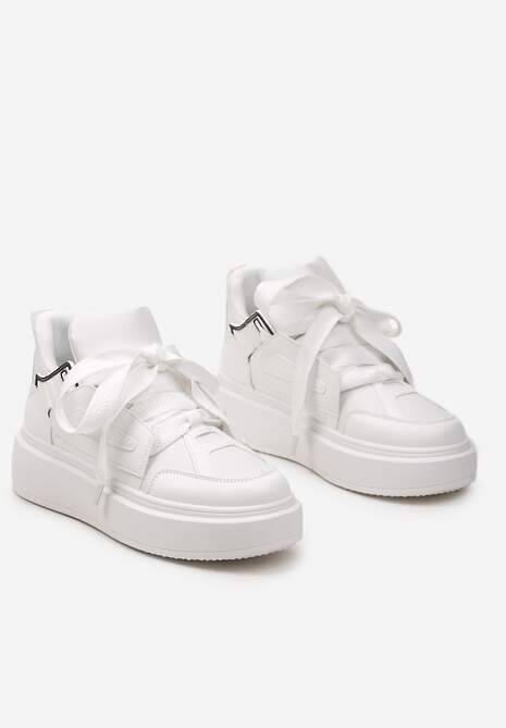 Białe Sneakersy Na Niskiej Platformie z Szerokimi Sznurówkami we Wzorek Vidira