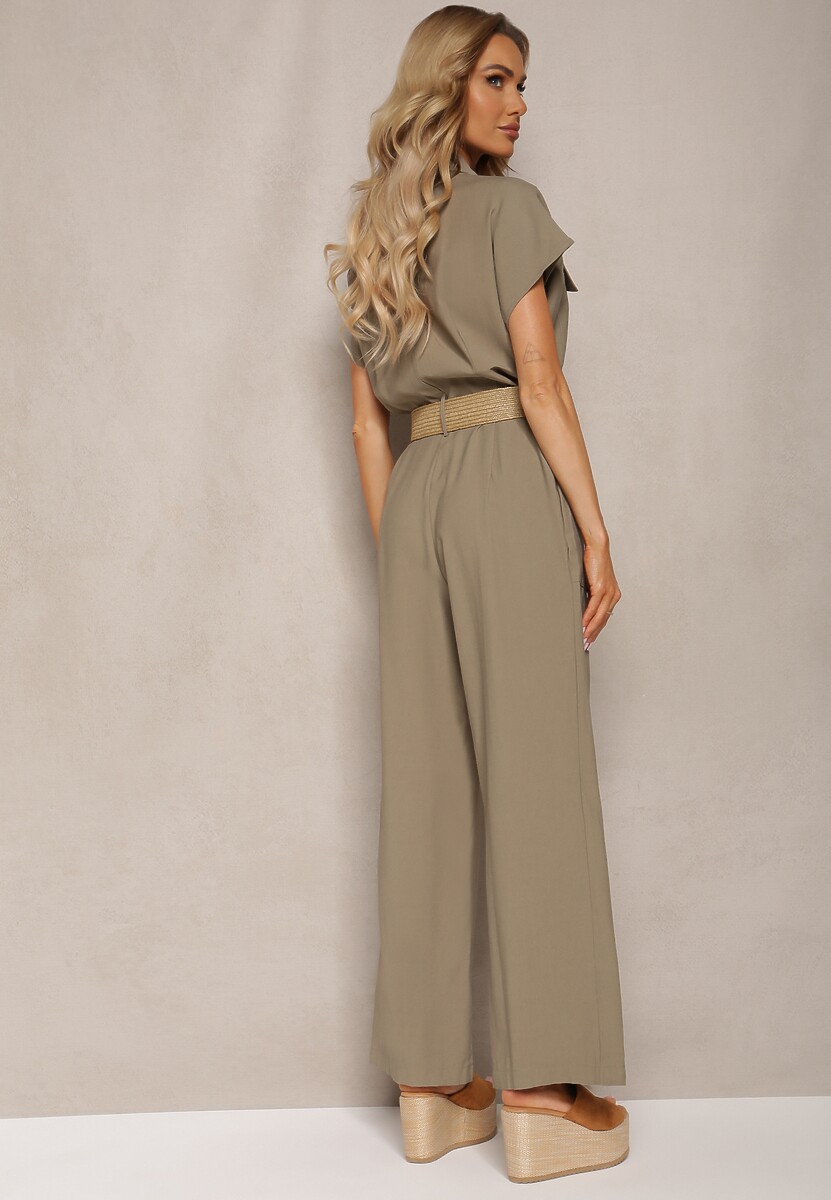 Ciemnozielony Kombinezon w Stylu Utility z Koszulową Górą i Plecionym Paskiem Dexara