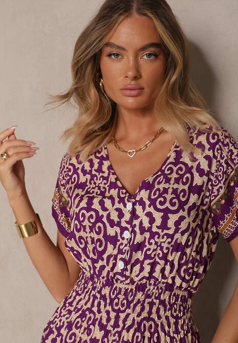 Ciemnofioletowa Sukienka z Bawełny z Gumką w Pasie i Ozdobnymi Guzikami Natifarela