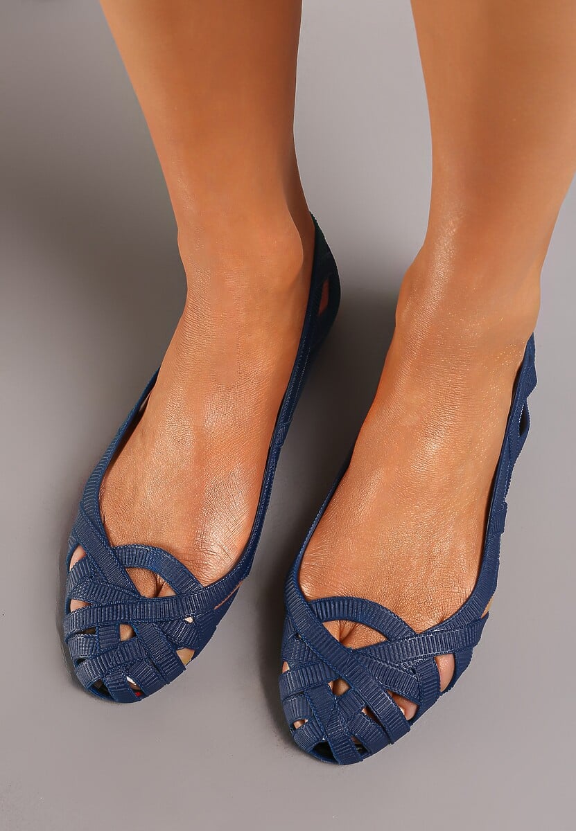 Granatowe Balerinki Ozdobione Wycięciami na Cholewce Sylaria