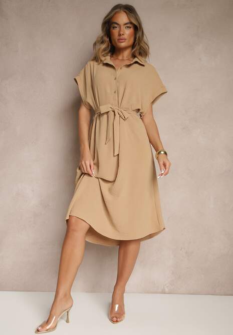 Jasnobrązowa Pudełkowa Sukienka z Bawełną i Paskiem Savorienne