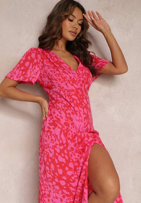 Czerwono-Różowa Taliowana Sukienka Midi z Krótkim Rękawem i Gumkami w Talii Zerala