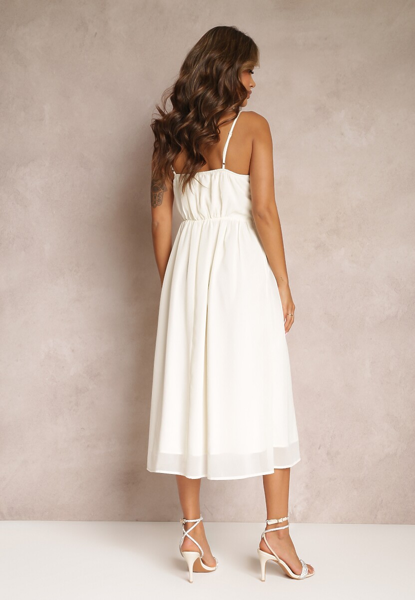 Beżowa Sukienka o Rozkloszowanym Kroju na Ramiączkach z Wiązaniem Lunarea