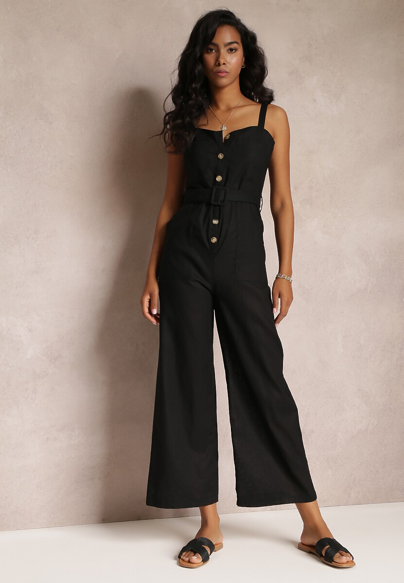 Czarny Kombinezon na Ramiączkach z Kieszeniami i Paskiem ze Sprzączką Jedia