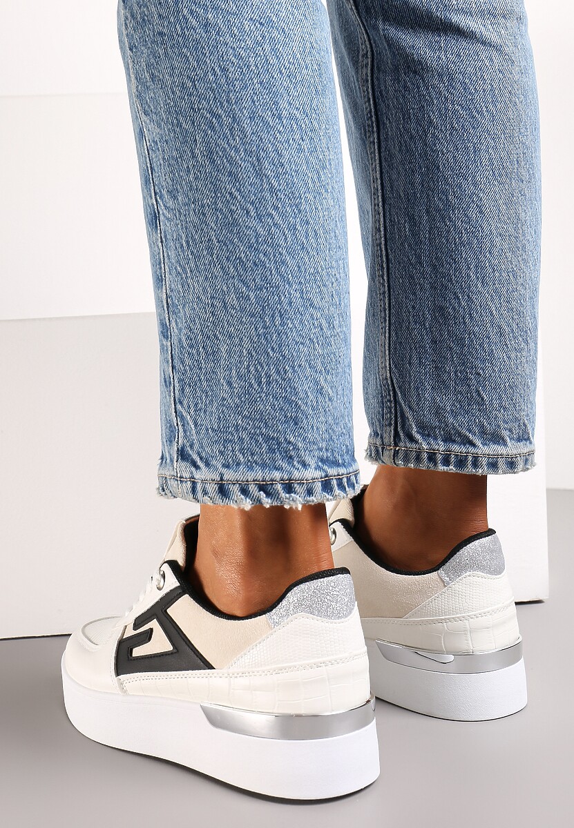 Białe Sznurowane Sneakersy na Grubej Podeszwie z Metaliczną Wstawką Faeline