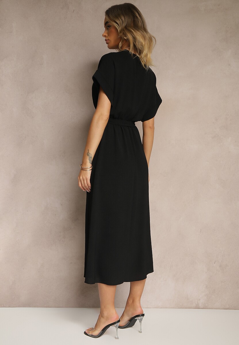 Czarna Rozkloszowana Sukienka z Gumką w Talii i Wiązaniem Sepenira